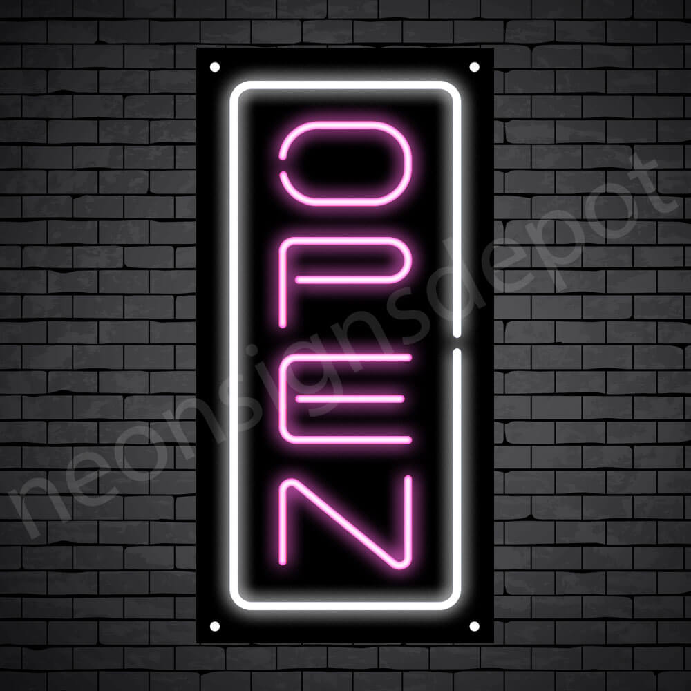 Vertical neon open sign pink-white black bg